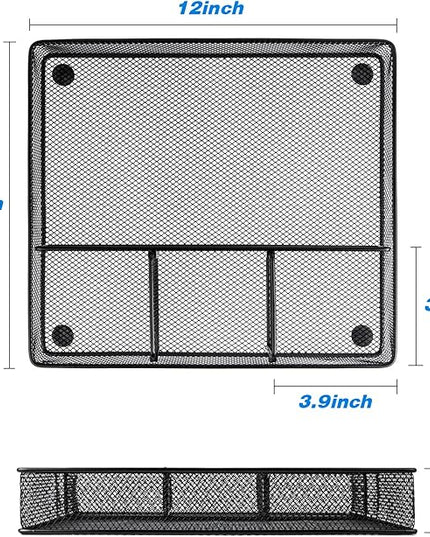 Desk Drawer Organizer Tray, Metal Mesh Drawer Organizers Office, 4 Grid with Adjustable Compartment, Desk Organizer Tray for Home Office 12x10.6x1.9 inch Black, 2 Pack