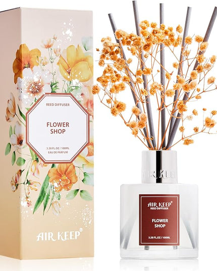 Airkeep Reed Diffuser Set,3.38 fl oz (100 ml) - Flower Shop Oil Diffusers with 8 Reed Sticks, Home Fragrance Reed Diffuser for Bathroom Shelf Decor