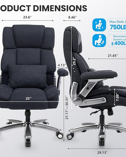 750lbs Heavy Duty Desk Chair with 3D Kneading Massage, Big and Tall Office Chairs with Ergonomic Support, 4D Armrests, 5 Quiet Dual Rubber Wheel, Thick Spring Cushion(Black-Fabric)