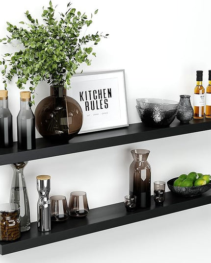 Homeforia Black Floating Shelf 48 inches, High End Solid Real Wood 48 inch Long Floating Shelves for Wall, Black Wooden 48inch Large Floating Shelves, Heavy Duty Bracket, 48 X 6.5 X 1.75 in, Set of 3
