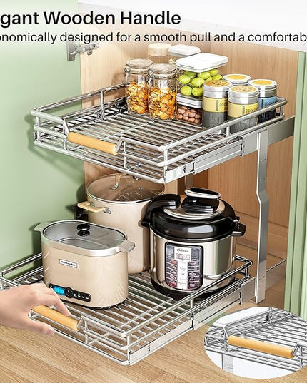 Pull out Cabinet Organizer, 2 Tiers 15"W X 21"D, Heavy Duty Smooth Sliding Under Cabinet Shelves for Pots and Pans, Full-Extension Roll out Drawers, Slide out Organization for Home Kitchen Pantry