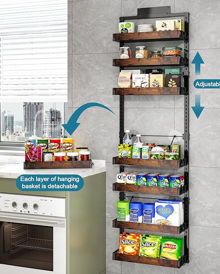 bukfen Over the Door Pantry Organizer, 8-Tier Adjustable Wooden Basket Kitchen Pantry Door Organization and Storage,2 in 1 Wall Mount or Hanging Heavy-Duty Metal Hanging Kitchen Spice Rack,1 Pack