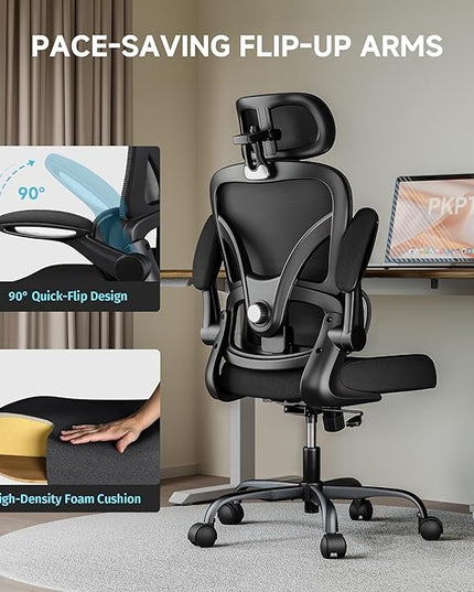 Ergonomic Office Chair, 330LBS Desk Chair with 3-Level Lumbar Support & Headrest, Breathable Mesh Backrest, Flip-Up Armrests for Home Office and Gaming, Black