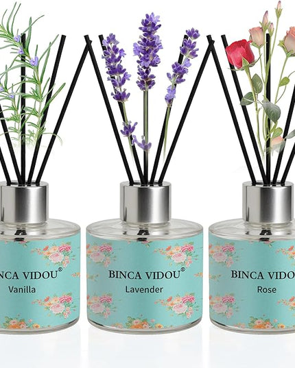 Binca Vidou Reed Diffuser Set of 3, Lavender, Rose, Vanilla Aromatherapy Oil Diffusers for Bedroom, Living Room, Office, Gift & Stress Relief, 50ml x 3