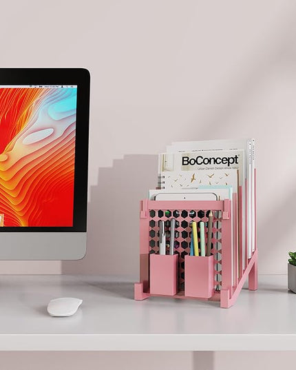 File Organizer for Desk with Storage Box & Hook, Inclined Desk File Organizer with 5-Section Vertical File Holder suitable for Home Office Document Organization (Pink-01)