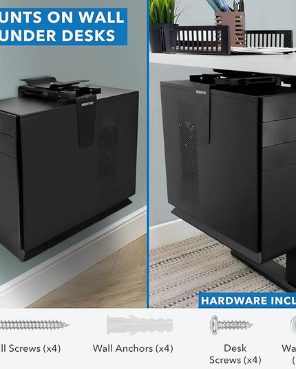 Mount-It! CPU Under Desk Mount Bracket - Computer Tower Wall and Under Counter Holder, 360 Degree Swivel Adjustable Height and Width Wall-Mountable