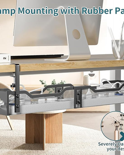 Under Desk Cable Management Tray Black, Litwaro Cable Management Under Desk No Drill, 25'' Cable Tray with Clamp for Wire Management, Cord Organizer for Office, Home - No Damage to Table