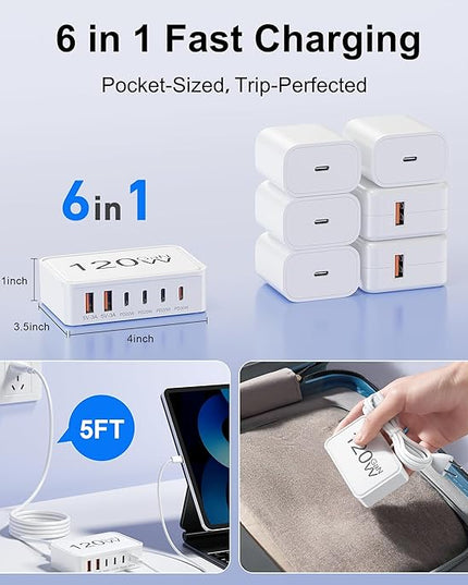 USB C Charger Block, 120W 6 Port USB Charging Station for Multiple Devices, Multi Type C Fast Charging Hub for iPhone 17 16 15 14 Pro Max ipad Samsung Galaxy, Perfect for Travel Home Office, White