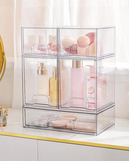 Vtopmart Stackable Storage Drawers Set of 5, Clear Plastic Organizer Bins for Baby Bottle, Beauty Supplies Storage, Ideal for Kichen Countertop, Vanity, Bathroom, Cabinet, Pantry Organization
