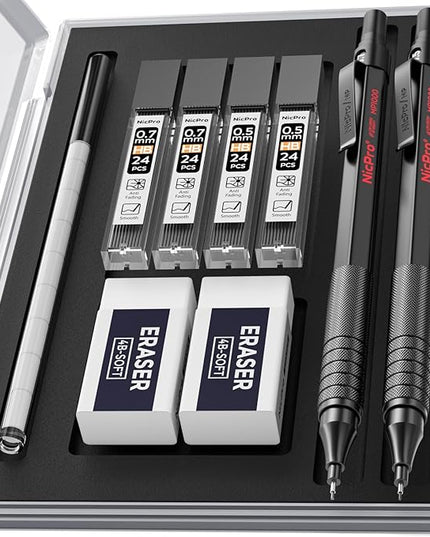 Nicpro 2 PCS Mechanical Pencil 0.5mm & 0.7 mm with Case, MP1000 Metal Artist Pencil Set with 4 Tubes HB Lead Refills, 2 Erasers, 9 Eraser Refills For Art Writing Drafting, Drawing, Sketch, Black