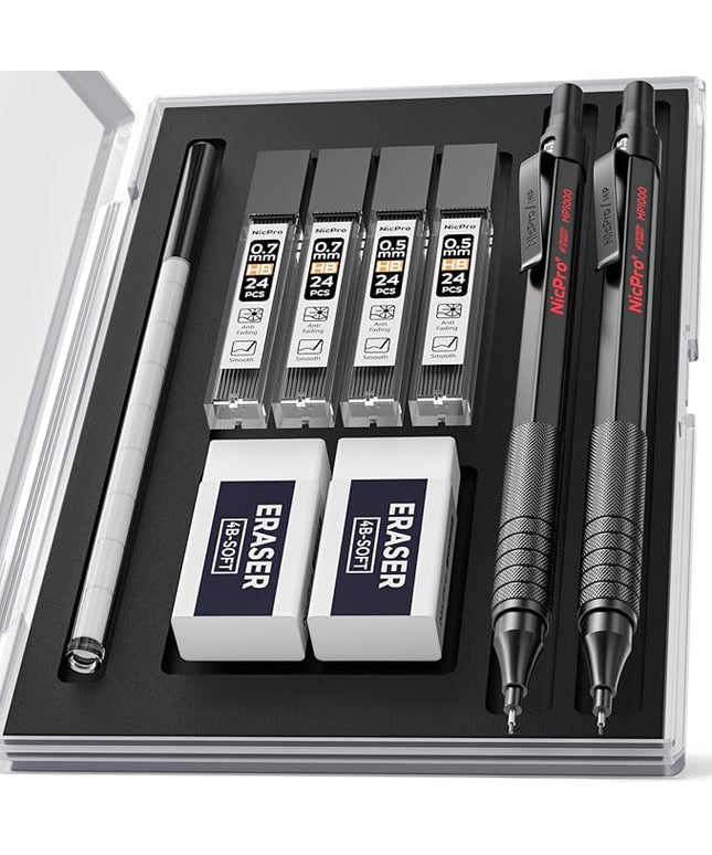 Nicpro 2 PCS Mechanical Pencil 0.5mm & 0.7 mm with Case, MP1000 Metal Artist Pencil Set with 4 Tubes HB Lead Refills, 2 Erasers, 9 Eraser Refills For Art Writing Drafting, Drawing, Sketch, Black
