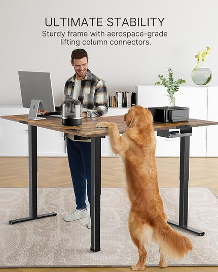 Marsail 63×55 in Electric Corner L Shaped Standing Desk with 4-in-1 Electrical Outlet, Headphone Hook & Memory Functions, Ergonomic Sit Stand Home Office Computer Desk & Gaming Table,Rustic