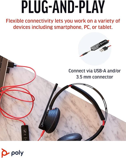 Poly - Blackwire 5220 USB-A Headset (Plantronics) - Wired, Dual Ear (Stereo) Computer Headset with Boom Mic - USB-A, 3.5 mm to connect to your PC, Mac, Tablet and/or Cell Phone