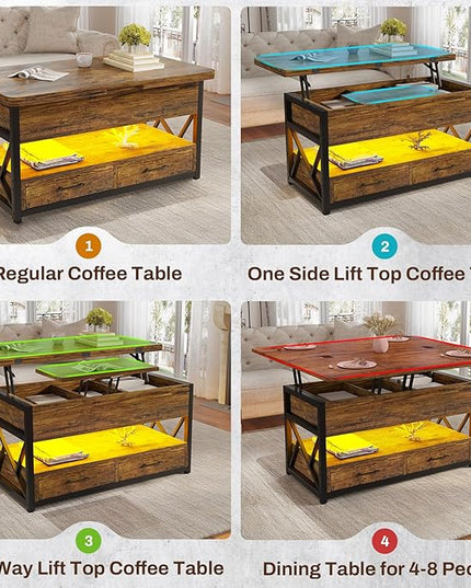 Itaar 40" Lift Top Coffee Table, 4 in 1 Coffee Tables with Storage for Living Room, Small Farmhouse Coffee Table with 2 Drawers & LED Light for Dining Reception Room, Rustic Brown