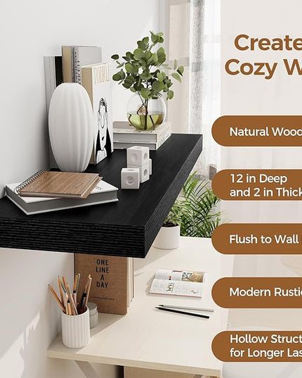 Black Floating Shelves 36 Inch Long, 12 Inch Deep Floating Shelves for Wall, 36 x 12 Shelves for Wall Storage & Display, 2" Thick Floating Shelf for Bathroom, Living Room, Bedroom, Set of 1