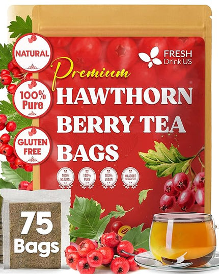 FreshDrinkUS, Premium Hawthorn Berry Tea - 75 Tea Bags - 100% Natural Herbal Infusion, Caffeine-Free, Rich Aroma & Smooth Taste. Vegan