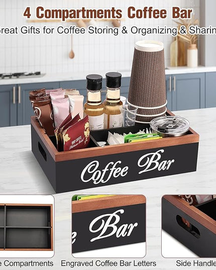 Wooden Coffee Organizer Holder with Divided Sections & Cutout Handle, Farmhouse Coffee Bar Organizer for Pods, Cups, Lids, Syrups, Stirrers & Accessories – Ideal Gift for Home or Office
