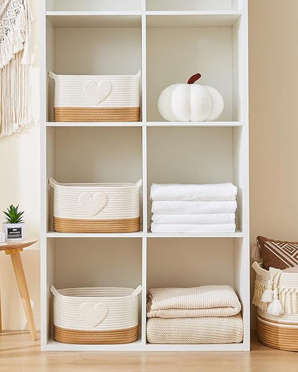 Storage Bins Woven Baskets for Storage Set of 3, Cotton Rope Basket with Handles for Toys/Shelves/Laundry, Rectangle Multi-Purpose Organizer for Living Room, Bedroom, Nursery (Heart)