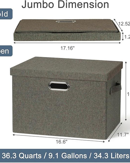 Large 17" 36 Quart Collapsible Stackable Storage Bins with Lids, 3 Packs Dark green Foldable Fabric Closet Storage Boxes with Lids, Heavy-duty Linen Cube Baskets(17x12x11)