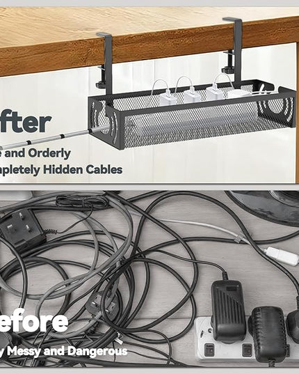 Cable Management, 15'' Under Desk Cable Management Tray No Drill, Metal Cable Organizer with Clamp for Wire Management, Cord Organizer for Home Office, Desk Accessories Organizer, Black