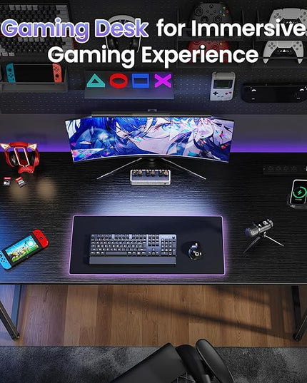 PRAISUN 54 X 20 Inch Office Computer Desk with Power Outlets and USB-C Port, Larger and Longer Gaming Desk, for Home Office, Study, Bedroom, Writing Work from Home Table, Metal Frame, Black