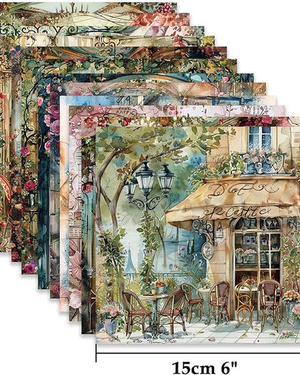 Scrapbook Paper,24 Sheets 6"x 6" Decorative Papers,Single-Sided Vivid Origami Decoupage Paper for Card Making,DIY Album, Hand Account & Travel Diary Craft Projects,Paris Cafeteria
