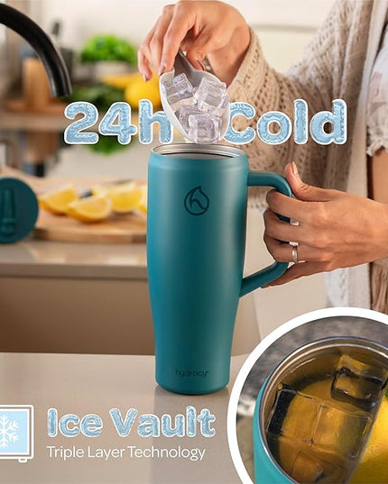 Hydracy Soulmate Insulated Tumblers with Handle and Stainless Steel Straw - 100% Leakproof Reusable Insulated Cup - Cupholder Friendly Rubber Base Travel Mug - Twilight Teal