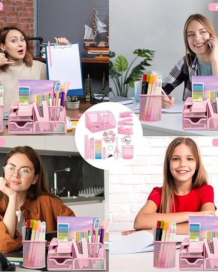 Pink Office Supplies, 17Pcs Pink Desk Accessories Set Include Stapler, Mesh Desk Organizer, Tape Dispenser, Staple Remover, Pen Holder, Clips, Pens, Ruler, for Office Home School Women Students Gift