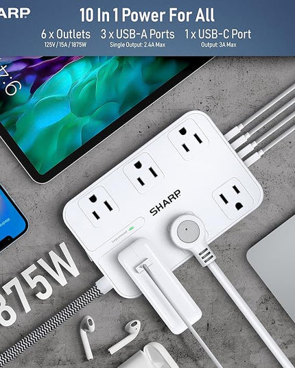 SHARP Surge Protector Power Strip - 6 Widely Spaced Outlets with 4 USB Fast Charge USB Charging Ports (3 USB-A and 1 USB Type-C), Flat Wall-Hugger Plug and 6 ft. Braided Cord, White