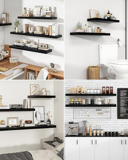 RICHFOCUS 16Inch Floating Shelves for Wall 2 Pack Shelves for Bedroom|Kitchen|Bathroom Wall Mounted Rustic Wood Floating Shelf with Invisible Brackets for Books|Storage|Decor, Black