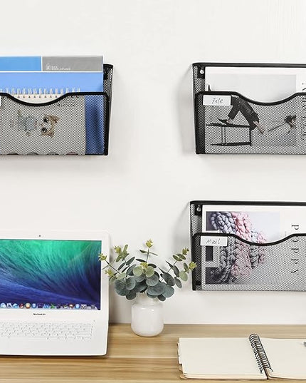 EasyPAG 3 Pack Wall File Organizer with Label Panel, Mesh Hanging File Folder Organizer for Letter/A4 Size Folders, Wall Mounted Vertical Mail Holder for Paperwork, Office, Home, School, Black
