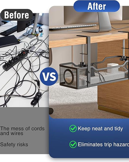 Under Desk Cable Management Tray, GZOKMOG Cord Management with Upgraded Clamp No Drill, Metal Cable Management Box for Home Office, Wire Management for Standing Desk, 2 Pack Black, 13.38 inch