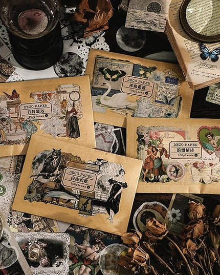 Esweny 100 PCS Vintage Ephemera Pack Journaling Scrapbooking Supplies Scrapbook Sticker Paper Kit for Junk Journal Planners Collage Craft Notebooks Decoupage Album (Retro)