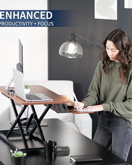 VIVO 42 inch Desk Converter, K Series, Height Adjustable Sit to Stand Riser, Dual Monitor and Laptop Workstation with Wide Keyboard Tray, Dark Walnut Top, Black Frame, DESK-V042KA