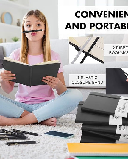 Aodaer 30 Set Lined Notebook Journals with Pens A5 Notebooks 100 GSM College Ruled Hardcover Notebook PU Leather Notepad with Pen Holder for Office School, 5.7 x 8.3 Inches, Black