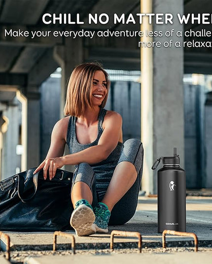 Insulated Water Bottle 87 oz with Straw, Coolflask 2/3 Gallon Stainless Steel Metal 3 Lids Large Water Jug for Sports or Office, Non-BPA Keep Cold Up to 48 Hrs or Hot Up to 24 Hrs, Magic Black