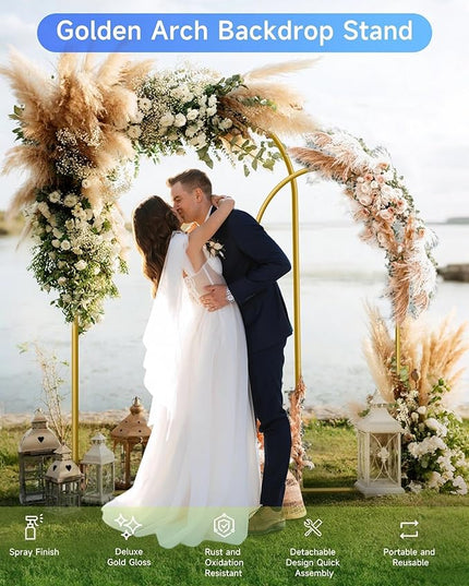 HEMMOTOP Metal Arch Backdrop Stand Set of 2 (7.2ft + 6ft), Wedding Arch Frame, Stable Background Stand with Square Base Ground Nails, for Birthday Party Baby Shower Garland Decoration, Gold
