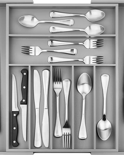 Purawood Bamboo Drawer Organizer - Expandable Silverware Organizer & Utensil Organizer, Cutlery Tray with Dividers, 7-9 Slots - Premium Kitchen Drawer Organizer for Utensils & Flatware (Grey)