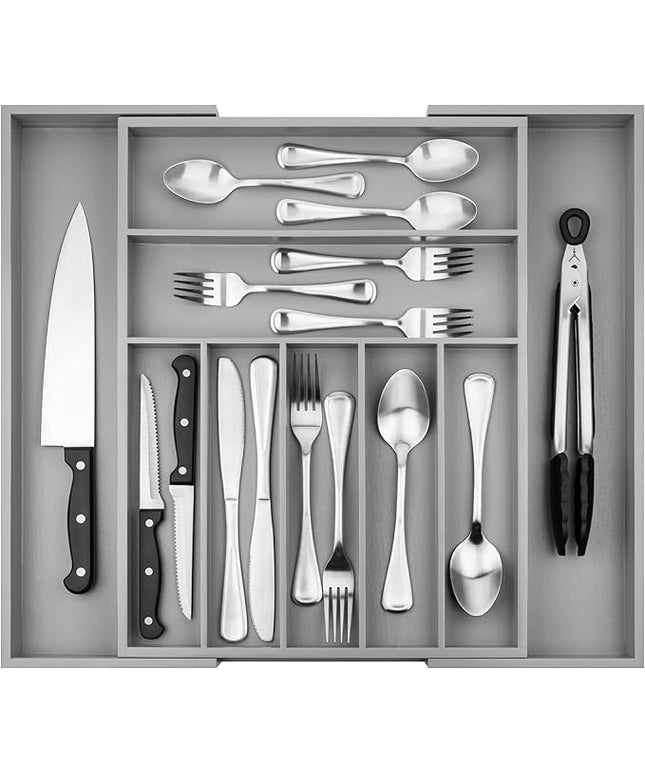 Purawood Bamboo Drawer Organizer - Expandable Silverware Organizer & Utensil Organizer, Cutlery Tray with Dividers, 7-9 Slots - Premium Kitchen Drawer Organizer for Utensils & Flatware (Grey)