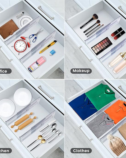 4 Pack Adjustable Drawer Dividers for Clothes,5" High Expandable From 13-21" Clear Drawer Organizers, PC Plastic Separators for Dresser/Bedroom/Bathroom/Kitchen/Office Storage