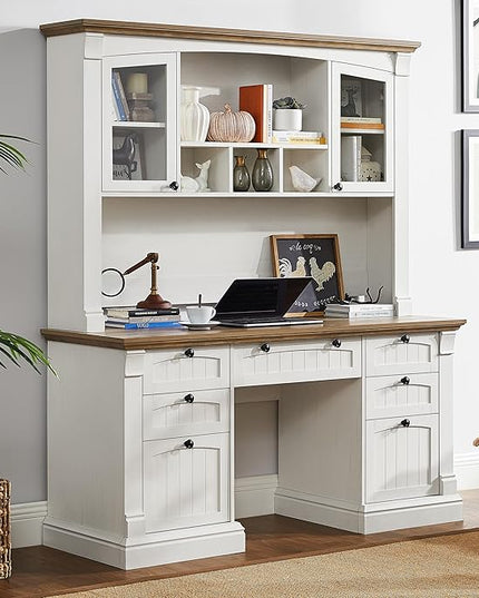 OKD 60" Executive Desk with Hutch and Drawers, Farmhouse Home Office Desk with Charging Station, Keyboard Tray, File Cabinet Storage, Wood Computer Desk for Work and Study, Antique White