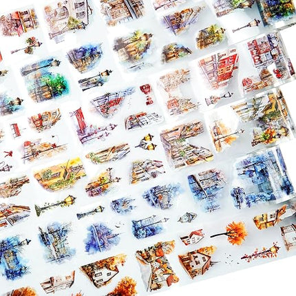 AuriicLeaf Street Corner PET Tape Set, 6 Rolls Pre-Cut Vintage Cityscape Stickers for Journaling, Scrapbooking, DIY Crafts, Art Supplies