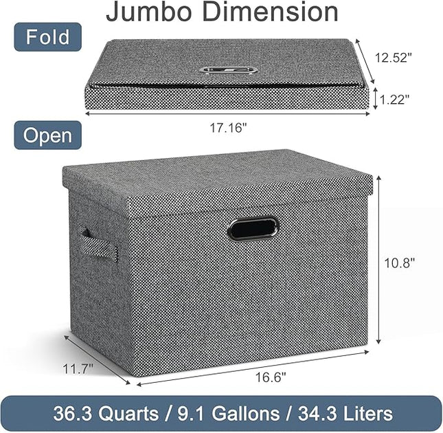 Large 17" 36 Quart Collapsible Stackable Storage Bins with Lids, 3 Packs Black and White Mix Linen Fabric Closet Boxes with Lids, Storage Cube Baskets Container Organizers (17x12x11)