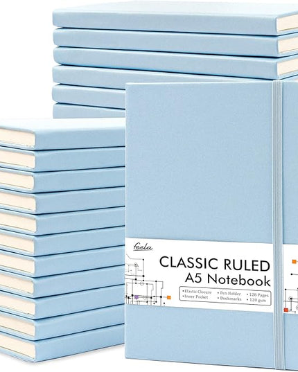 feela 24 Pack Journal Notebook for Work, Business Notebook Bulk Hardcover Lined Writing Journal with Pen Holder for Men Women Note Taking, with 24 Black Pens, 120 GSM, 5.1”x8.3”, A5, Light Blue