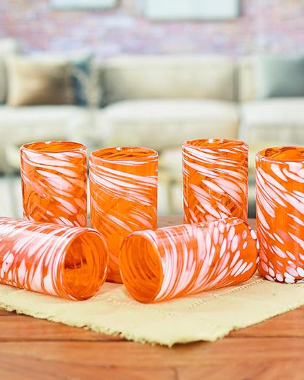 NOVICA Artisan Crafted Handblown Recycled Tumblers Glass | Striped Juice Drinkware | Tableware Glasses | Elegant Style | Emerald Orange | Toxins Free | Mexico 6" H x 3.1" Diam. (Set Of 6)