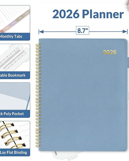 SUNEE 2026 Planner, Weekly and Monthly Calendar Planner 9"x11.2"- 12 Month (January 2026 - December 2027), Vegan Leather Cover, Pocket, Bookmark, Notes, Monthly Tab, Gay Blue