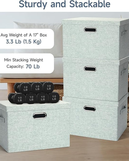 Large 17" 36 Quart Collapsible Stackable Storage Bins with Lids, 3 Packs Light Green Linen Fabric Closet Boxes with Lids, Storage Cube Baskets Container Organizers for Office (17x12x11)