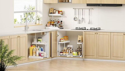 heart & home 1-Pack Under Sink Storage Organizer for Kitchen & Bathroom Cabinets with Removable Washable Tray, Tool-Free Assembly – Multi-Purpose for Kitchen Countertop, Vanity, & Laundry Room，White