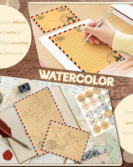 TaoBary 160 Pcs Stationery Paper Set 50 Double Sided Stationery Papers with 50 Matching Envelopes and 60 Round Dot Sticker, 10 Design(Vintage Airmail,5.5 x 8.25 Inch)