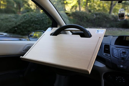 The Executive steering wheel desk measures 17” 3/4” × 13 7/8” provides a stable surface for most laptops, tablets, phones, and paperwork.